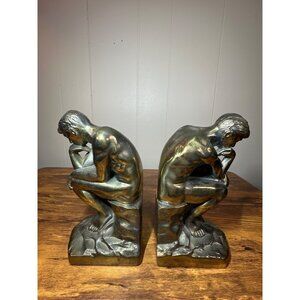 Vintage Brass "The Thinker" Bookends: Auguste Rodin Sculpture, C 1928